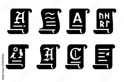 Parchment Script Icons. Solid, filled icon set of parchment script styles: Gothic text, cursive script, block letters, runes, hieroglyphs, medieval