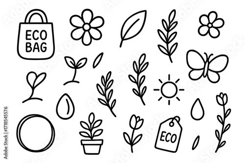 Sustainable Doodle Icons. Hand-drawn doodle illustration Sustainable packaging motifs [eco bag, flower, leaf, sprout, herbal branch, butterfly, seed, sun,