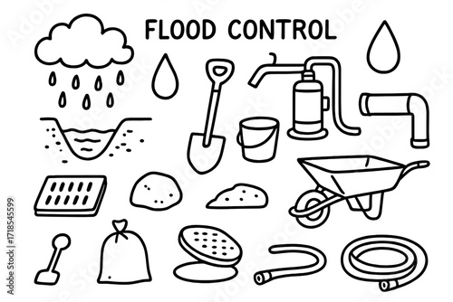 Flood Control Doodles. Flood Control. Hand-drawn doodle illustration flood control rain cloud, droplet, puddle, ditch, pump, pipe, manhole, drain cover,