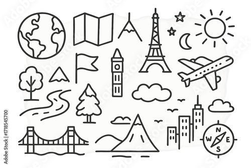 Northern Hemisphere Icons. Hand-drawn doodle illustration [Northern Hemisphere landmarks] [globe, map, mountain, tower, bridge, tree, river, flag, city