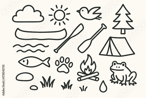Wilderness Doodle Icons. Hand-drawn doodle illustration River wilderness canoe, paddle, fish, wave, tree, bird, sun, cloud, tent, campfire, paw print, stone,