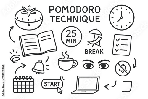 Pomodoro Doodle Essentials. Hand-drawn doodle illustration [Pomodoro technique] [tomato timer, clock, notebook, min symbol, break icon, coffee cup, small bell,