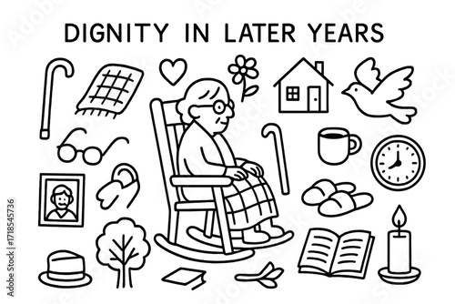 Dignity in Later Years. Hand-drawn doodle illustration dignity in later years rocking chair, blanket, cane, glasses, heart, flower, house, slippers, photo