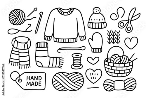 Knitting Doodle Icons. Hand-drawn doodle illustration [Knitting and crocheting clothes] [yarn ball, knitting needles, crochet hook, sweater, scarf, beanie,