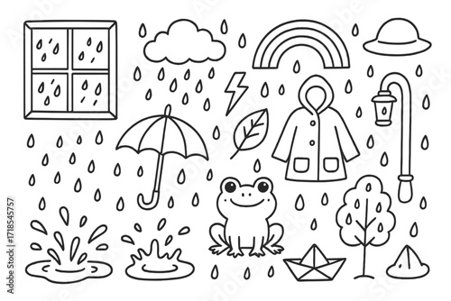 Rainy Day Doodle. Hand-drawn doodle illustration Rainy window view Window, raindrops, cloud, umbrella, puddle, lightning, rainbow, leaf, water splash, frog,
