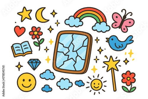 Whimsical Doodle Reflection. Colorful Hand-drawn doodle Children illustration Shattered Mirror broken mirror pieces, sparkles, stars, moon, rainbow, heart,