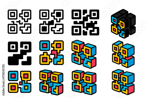 NFT Logo Variations. Set Logo of Digital Art Collectibles and NFTs: QR code icon. Logo set in vector style, emblematic variations. line, bold thick line, solid