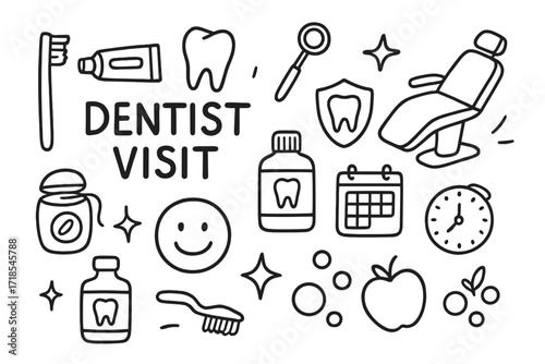 Dental Doodle Icons. Hand-drawn doodle illustration Dentist Visit [toothbrush, toothpaste, tooth, dental mirror, chair, floss, mouthwash, smiling face, star,