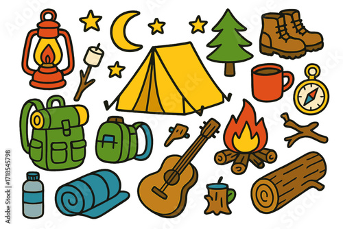 Camping Adventure Doodles. Colorful Hand-drawn doodle Children illustration Camping Trip [tent, campfire, marshmallow on stick, lantern, backpack, water
