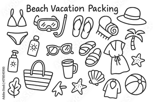 Beach Vacation Essentials. Hand-drawn doodle illustration Beach vacation packing [swimsuit, snorkel mask, flip flops, beach towel, sunscreen, sunglasses, hat,