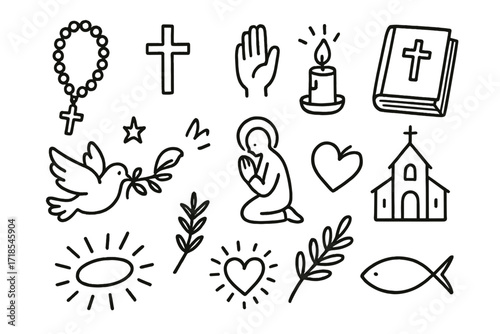 Religious Symbols Doodle. Hand-drawn doodle illustration rosary beads rosary, cross, beads, hand, candle, Bible, dove, star, praying figure, church, halo,