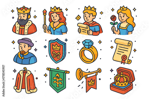 Royalty Icon Set. Colorful isometric vector icons set of Royal family and nobility: crowned king, queen with scepter, prince with scroll, princess with rose,