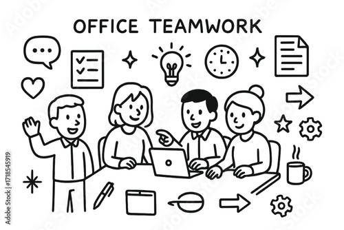 Office Teamwork Doodle. Hand-drawn doodle illustration Office teamwork [figures around desk, laptop, pen, checklist, light bulb, clock, chat bubble, document,