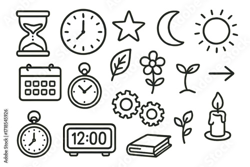 Timeless Icons Illustration. Hand-drawn doodle illustration Time passing hourglass, wall clock, pocket watch, digital clock, star, moon, sun, calendar, leaf,