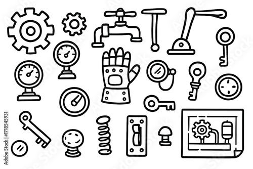 Steampunk Gadget Icons. Hand-drawn doodle illustration Steampunk gadgets [gear, cogwheel, steam valve, lever, pressure gauge, metallic glove, monocle, wire,