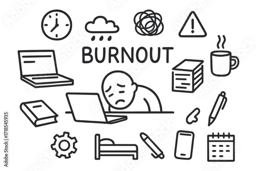 Work Stress Doodles. Hand-drawn doodle illustration burnout at work desk, laptop, stack of papers, clock, coffee mug, tired face, storm cloud,