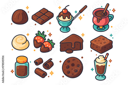 Chocolate Delights Icons. Colorful isometric vector icons set of Chocolate delights: chocolate truffle, dark chocolate bar, hot fudge sundae, chocolate fondue