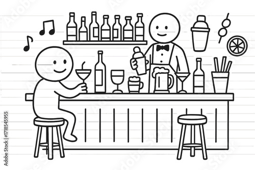 Bar Doodle Illustration. Bar scene. Hand-drawn doodle illustration sitting by the bar with drink in hand, bar counter, stool, cocktail glass, beer mug, wine