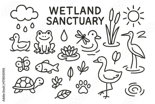 Wetland Wildlife Icons. Hand-drawn doodle illustration Wetland Sanctuary [frog, duck, heron, fish, water lily, reeds, droplet, cloud, sun, dragonfly, turtle,