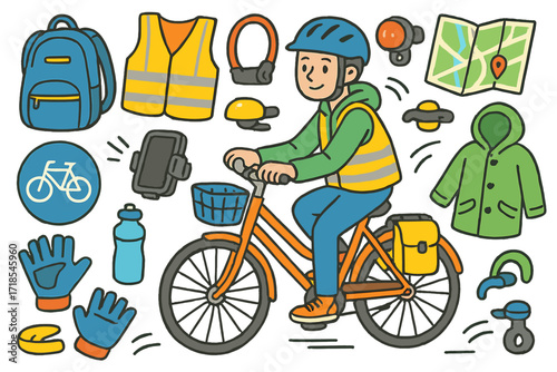 Urban Cycling Essentials. Colorful Hand-drawn doodle Children illustration Urban Cycling commuter bike, helmet, backpack, reflective vest, lock, lights, map,