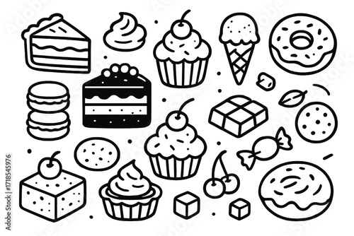 Gourmet Dessert Doodles. Hand-drawn doodle illustration Gourmet desserts, chocolate cake, cupcake, macarons, ice cream cone, donut, pie slice, brownie, tart,