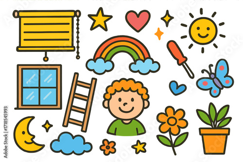 Cheerful Window Doodles. Colorful Hand-drawn doodle Children illustration Hanging Roller Blinds roller blinds, window, ladder, screwdriver, smiling child,