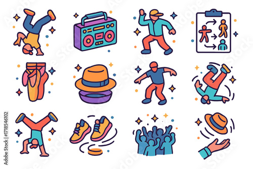 Vibrant Dance Icons. Colorful isometric vector icons set of dance buskers: breakdancer pose, boom box, dance mat, popping pose, street ballet shoes, dance hat