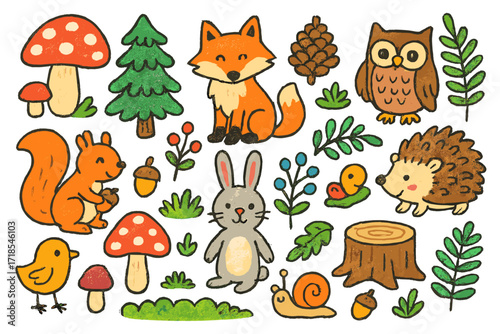 Woodland Creatures Doodle. Woodland. Colorful Hand-drawn doodle Children illustration Woodland mushrooms, fox, owl, pinecone, squirrel, rabbit, hedgehog, log,