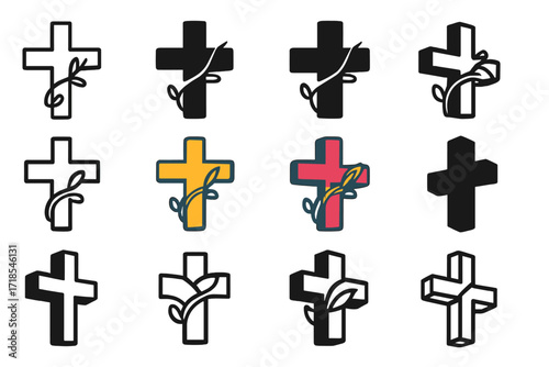 Vine-Wrapped Cross Logos. Set Logo of Cross Symbol: Cross with vine wrap. Logo set in vector style, emblematic variations. line, bold thick line, solid black
