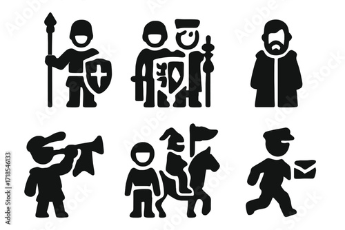Throne Guards Icon Set. Solid, filled icon set of throne guards and attendants: royal guard, squire, herald, advisor, trumpeter, page boy, marshal, royal