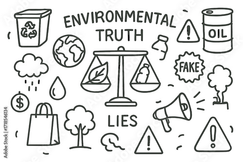 Environmental Balance Doodle. Hand-drawn doodle illustration environmental truth vs lies scales, leaf symbol, plastic bottle, oil barrel, recycling bin, globe,