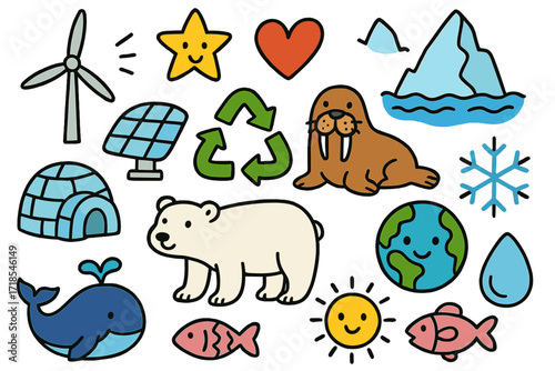 Arctic Clean Energy Doodle. Colorful Hand-drawn doodle Children illustration Arctic clean energy wind turbine, solar panel, igloo, iceberg, fish, polar bear,