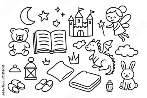 Bedtime Story Doodles. Hand-drawn doodle illustration children?s bedtime storybook open book, teddy bear, moon, star, magic wand, castle, dragon, cloud, crown,