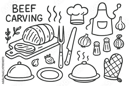 Beef Carving Essentials. Hand-drawn doodle illustration Beef carving roast beef, carving fork, carving knife, cutting board, plate, serving tray, steam lines,