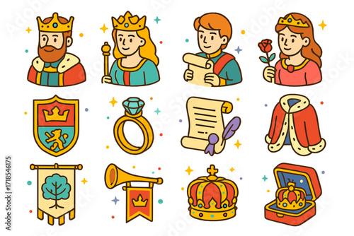 Royalty Icon Set. Colorful isometric vector icons set of Royal family and nobility: crowned king, queen with scepter, prince with scroll, princess with rose,