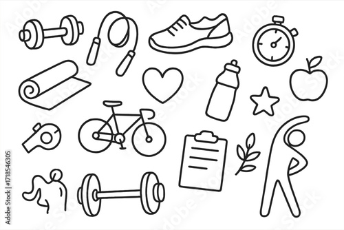 Fitness Doodle Icons. Hand-drawn doodle illustration Fitness and exercise wellness dumbbell, jump rope, running shoe, stopwatch, yoga mat, bicycle, water