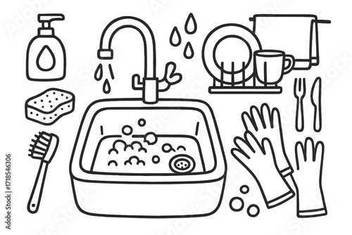 Kitchen Sink Doodle. Hand-drawn doodle illustration [Kitchen sink area] [sink, faucet, sponge, soap bottle, dish rack, plate, cup, fork, knife, water droplets,