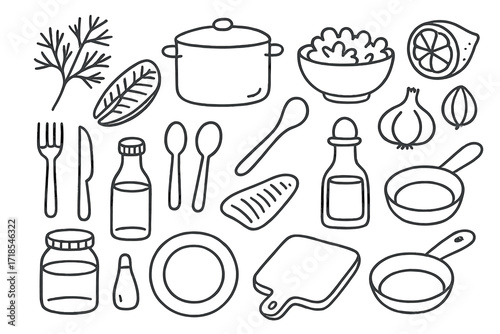 Culinary Doodle Illustration. Hand-drawn doodle illustration dill in cooking dill sprig, fish fillet, soup pot, salad bowl, spoon, fork, knife, lemon slice,