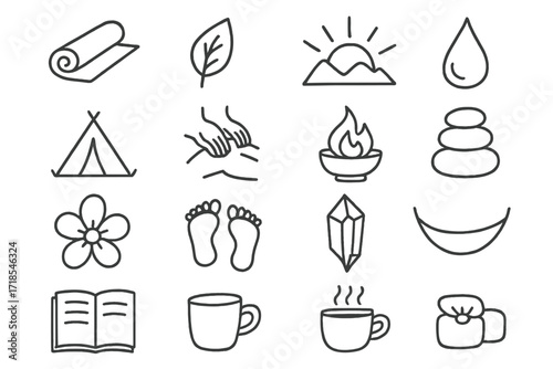 Wellness Retreat Icons. Hand-drawn doodle illustration Wellness Retreat yoga mat, nature leaf, sunrise, mountain, water droplet, tent, massage icon, fire bowl,