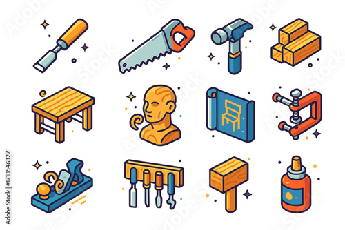 Woodworking Icons Collection. Colorful isometric vector icons set of woodworking mastery: chisel, hand saw, hammer, wood planks, carving bench,