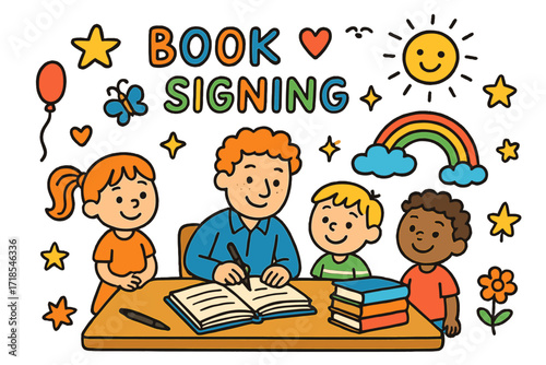 Joyful Book Signing. Colorful Hand-drawn doodle Children illustration Book Signing open book, pen, author, children smiling, table, stack of books, star,
