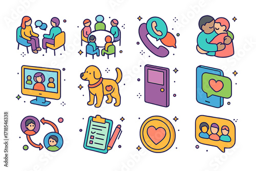 Anxiety Support Icons. Colorful isometric vector icons set of support systems for anxiety: therapy session icon, support group circle, helpline phone, friend