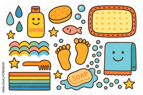 Playful Bath Time Doodles. Colorful Hand-drawn doodle Children illustration Shower mat designs droplets, suction dots, tiny fish, bubbles, rubber edge, smiley