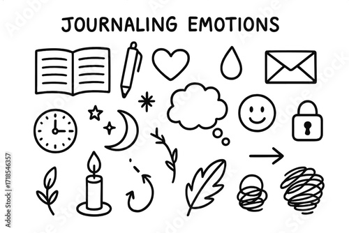 Emotional Journaling Doodles. Hand-drawn doodle illustration [Journaling emotions] [notebook, pen, heart, tear, thought bubble, clock, stars, moon, candle,