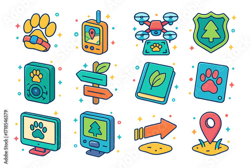 Wildlife Conservation Icons. Colorful isometric vector icons set of Wildlife Conservation and Tracking: tagged animal paw, GPS tracker, drone view, ranger