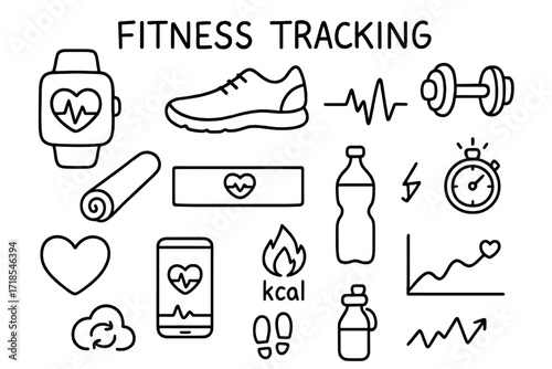 Fitness Doodle Icons. Hand-drawn doodle illustration fitness tracking with ECG smartwatch, running shoe, dumbbell, yoga mat, chest strap monitor, smartphone