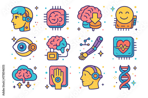 Isometric Human-Machine Icons. Colorful isometric vector icons set of human-machine merging: cyborg head, neural implant, memory download icon, emotion chip,