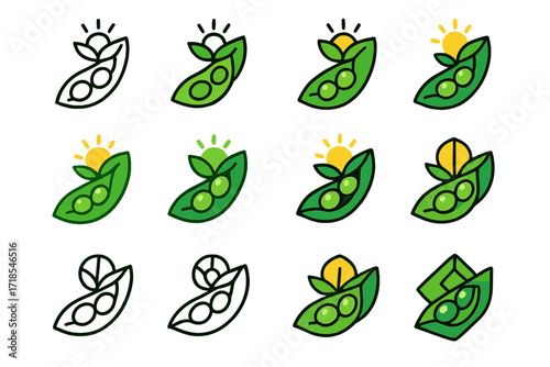 Climate-Resilient Crop Logos. Set Logo of Climate-resistant crops: Climate-resilient soybean pod. Logo set in vector style, emblematic variations. line, bold