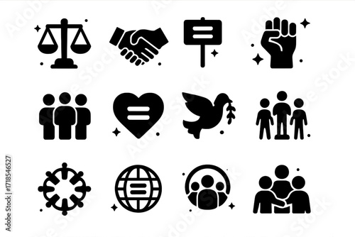 Social Equality Icons. Social Equality. Solid icons set of justice scale, handshake, equality symbol, protest sign, raised fist, diverse group, heart with