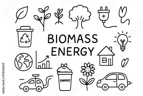 Biomass Energy Doodles. Hand-drawn doodle illustration Biomass energy [leaf, plant, tree, battery, plug, recycle bin, globe, house, sun, cloud, chart, light
